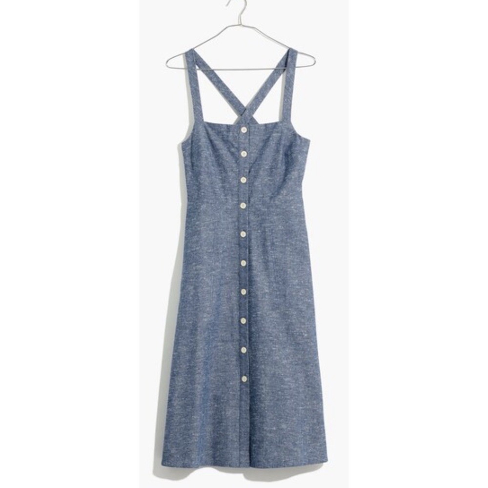 MADEWELL Sz 4 Blue Chambray Tank Button-Front Midi Apron Dress Casual Peasant